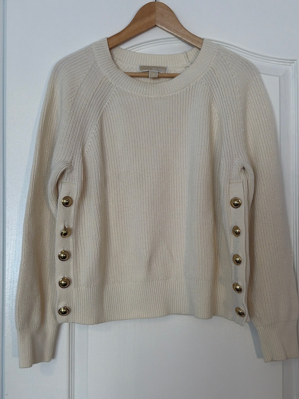 Michael Kors Cream Gold Button Side Accent Knit Sweater Size L